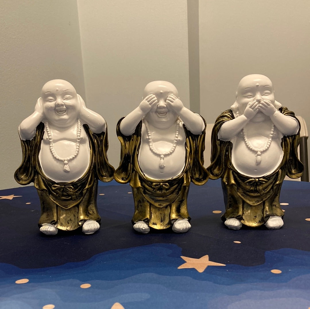 White Buddha Set of 3 See, Hear, Speak No Evil (Resin) Standing- Antique Finish