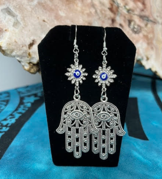 Evil Eye Silvertone Dangle Earrings - Large Hamsa and Rhinstones