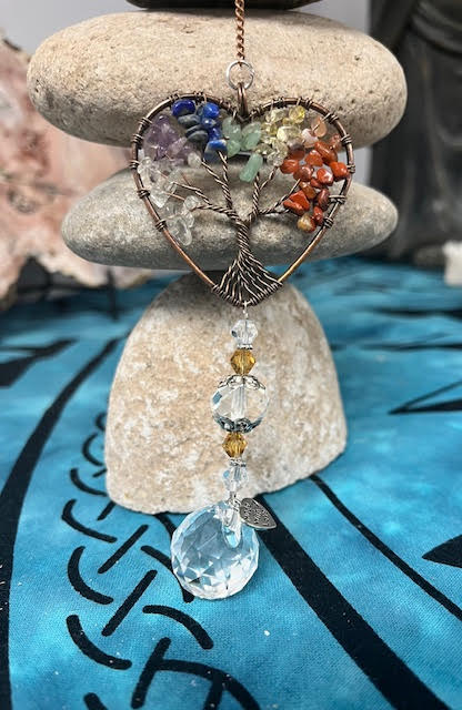 Tree of Life Metal Heart with Chakra Beads Prism Suncatcher