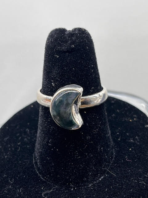 7-Moss Agate Moon Shape Sterling Silver Ring Size 7