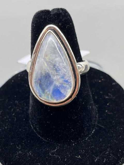 7-Rainbow Moonstone Tear Drop Shape Sterling Silver Ring Size 7