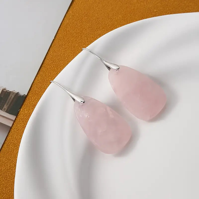 Chic Rose Quartz Natural Stone Teardrop Dangle Earrings