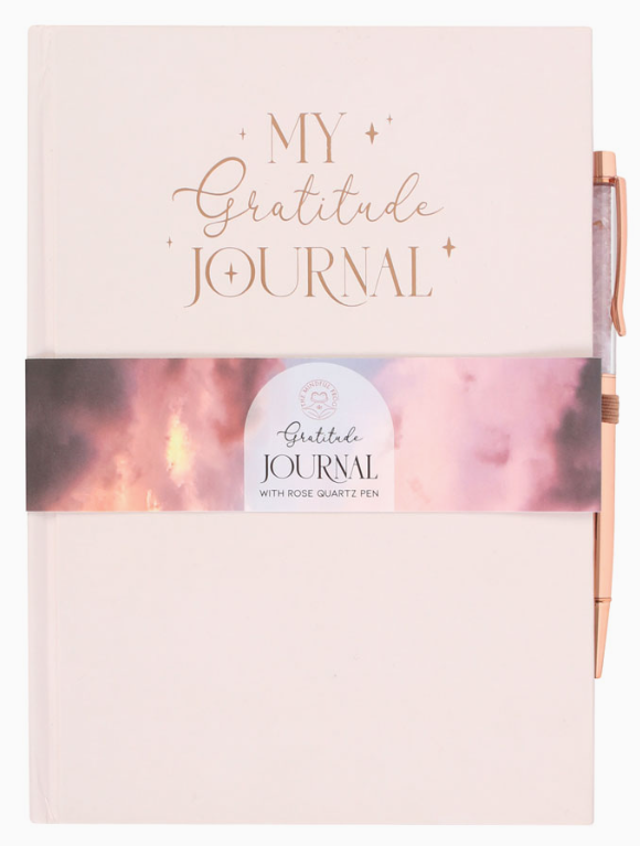 Gratitude Journal Notebook with Rose Quartz Crystal Chip Pen