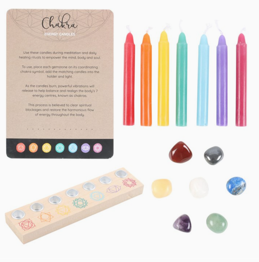 Chakra Energy Candles with 7 Candles, Wooden Candle Holder with Chakra Symbols and 7 Gemstones Crystals