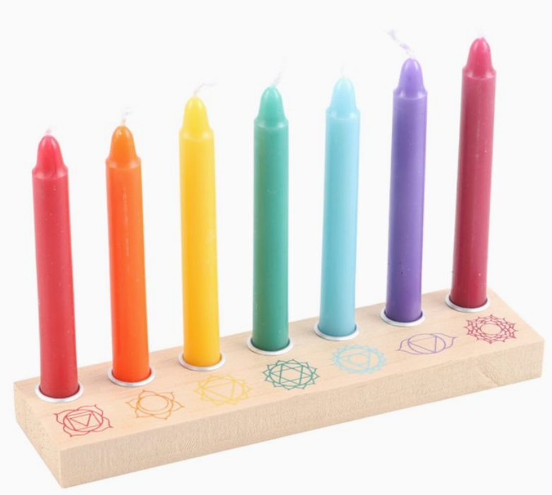 Chakra Energy Candles with 7 Candles, Wooden Candle Holder with Chakra Symbols and 7 Gemstones Crystals