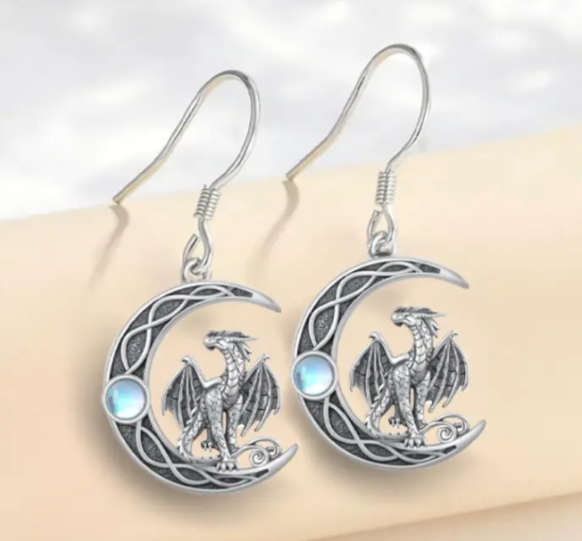 Dragon Cresent Moon Earrings Silvertone