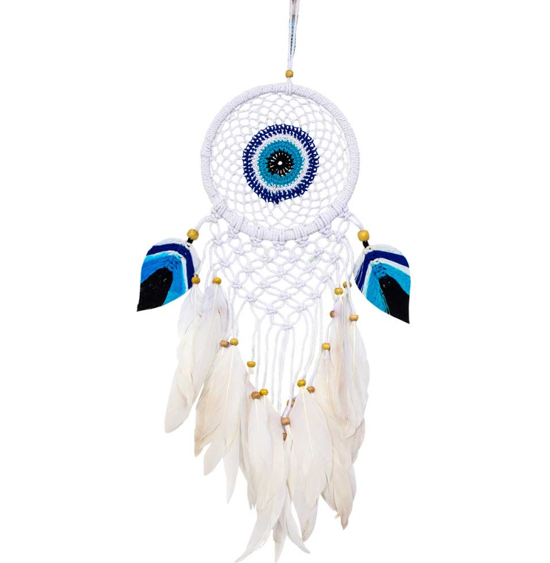 Dreamcatcher Boho Woven Evil Eye w/ White Macrame & Black/Blue Leaves