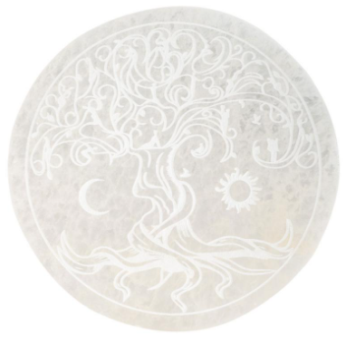 5" Round Charging Cleansing Selenite Plate w/ Tree of Life Etch Design