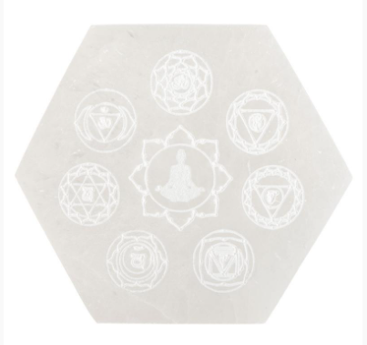 3.5" Hexagon Charging Cleansing Selenite Plate w/ Chakra Etch Design
