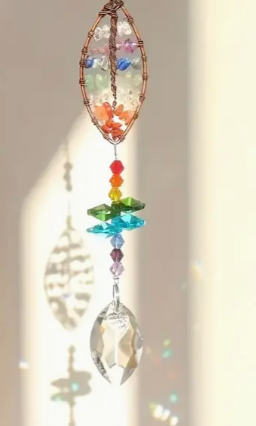 Metal Feather with Chakra Beads Prism Suncatcher