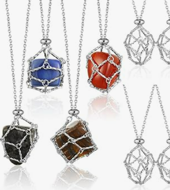 Stainless Steel Crystal Cage Macramé Necklaces Holds Tumbled Crystal Interchangeable