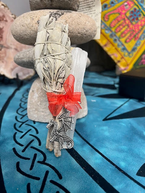 Dragon Pendant Smudge & Crystal Cleansing Bundle - White Sage, Selenite, and Palo Santo Stick