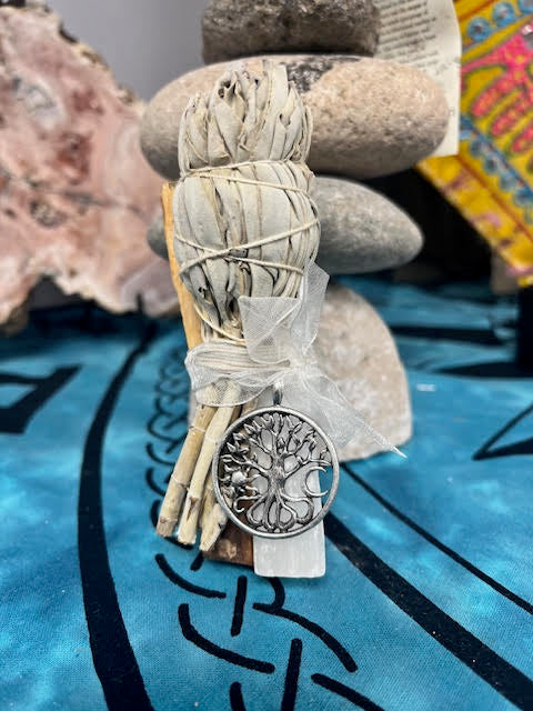 Tree of Life Pendant Smudge & Crystal Cleansing Bundle - White Sage, Selenite, and Palo Santo Stick