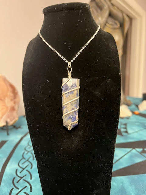 Sodalite Wire Wrap Flat Blade Pendant Necklace Silvertone