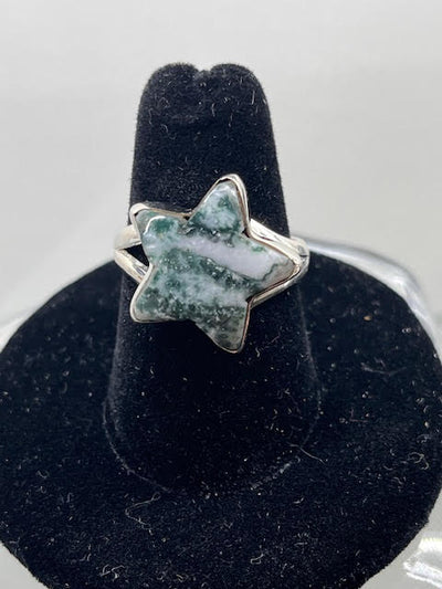 7.5-Tree Agate Star Shape Sterling Silver Ring Size 7.5