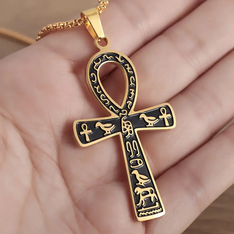 Ankh Pendant Etched Symbols Gold Necklace