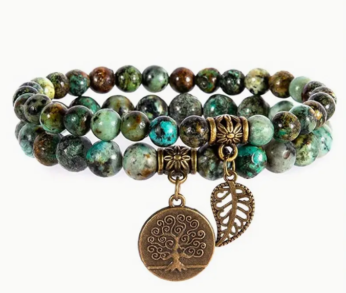 Turquoise Like Bracelet w/Tree of Life & Leaf Charms, Set of Two 6/8mm