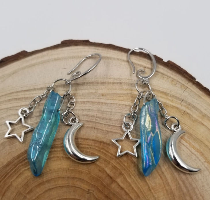 Aqua Aura Star & Moon Dangle Earrings