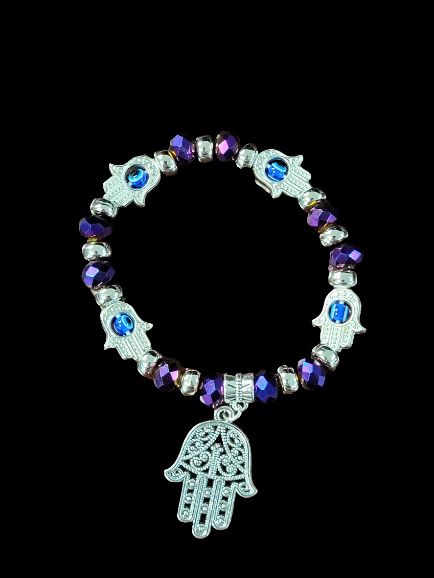 Hamsa bracelet with evil eye - Purple beads