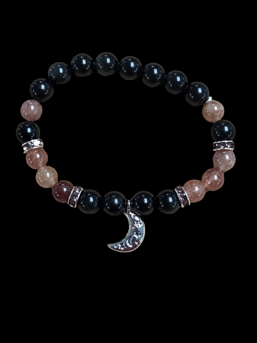 Rainbow Obsidian with Strawberry Quartz - Moon Charm 8mm Bracelet