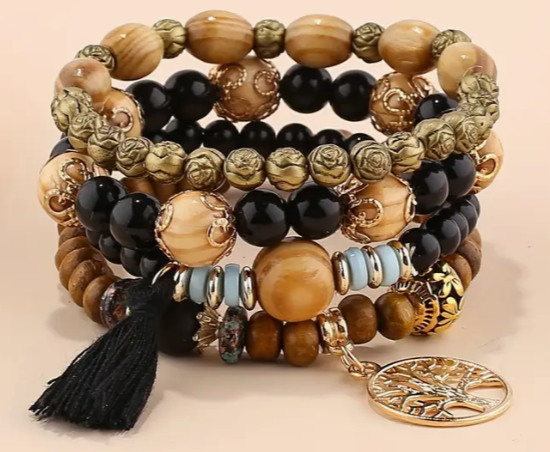 Black & Wooden Bead Bracelet w/Tree of Life Charm- 4 Piece Set