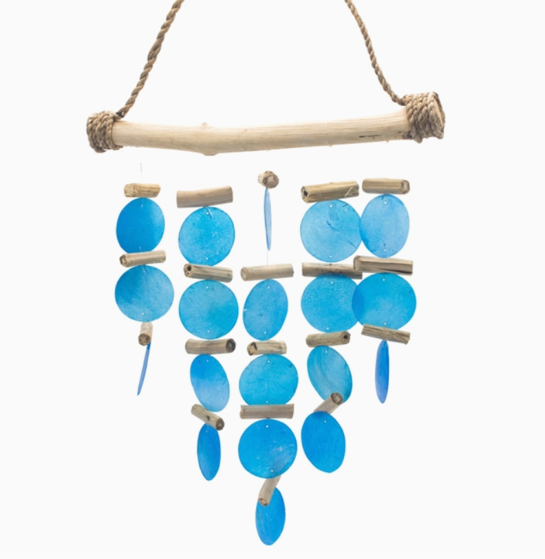 Blue Sea Glass 5 String Wind Chime On Driftwood