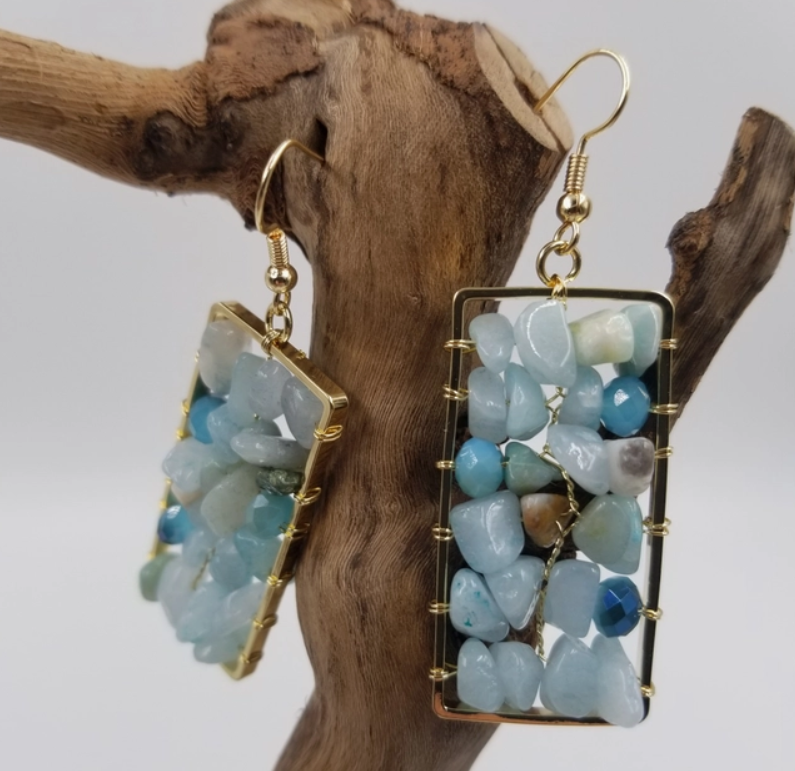 Blue Mult Crystal Boho-Chic Earrings-Brass Dangle