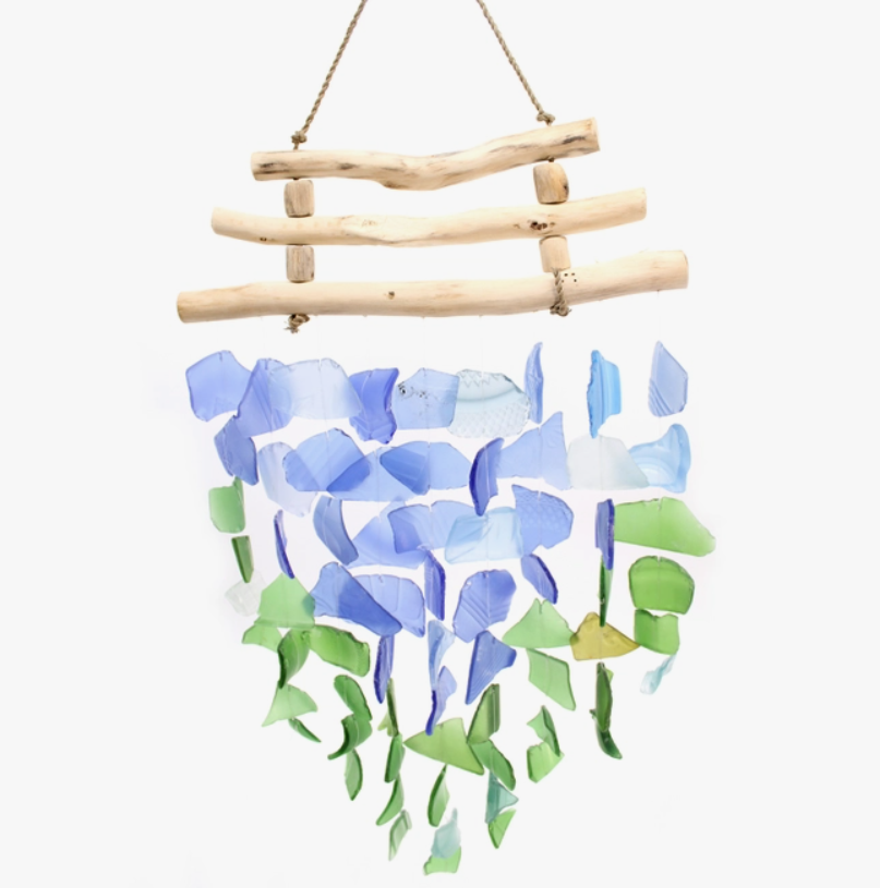 Green & Blue Sea Glass 3 Driftwood Wind Chime