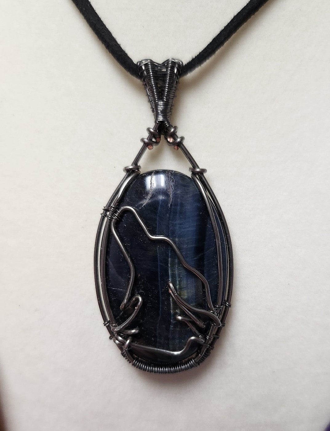 Wolf Blue Tigers Eye Silver Plated Copper Wrap Necklace-One of a Kind