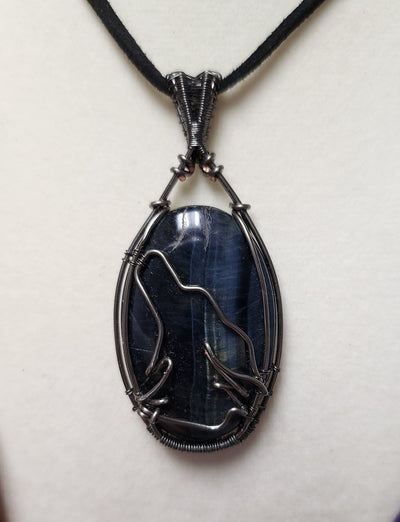 Wolf Blue Tigers Eye Silver Plated Copper Wrap Necklace-One of a Kind