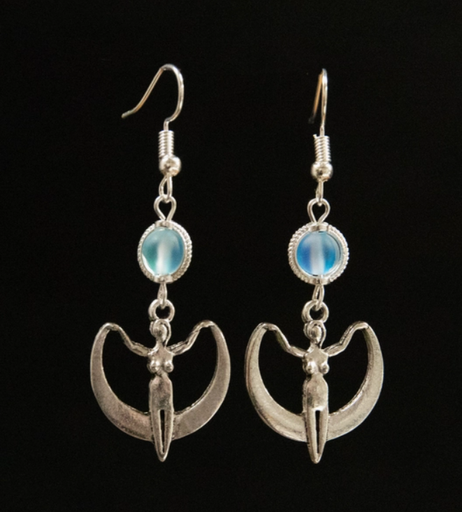 Crescent Goddess Dangle Earrings Blue Bead