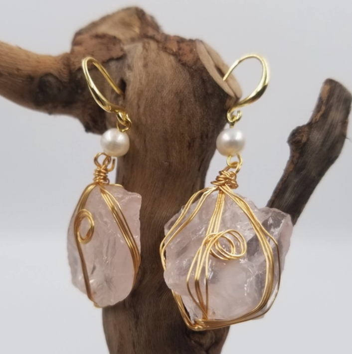 Rose Quartz & Pearl Earrings-Handmade Dangle