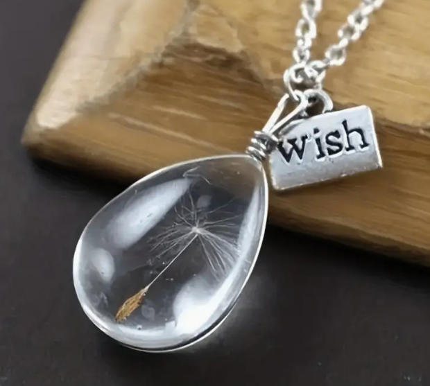 Delicate Dandelion Oval Gem w/Wish Charm Necklace