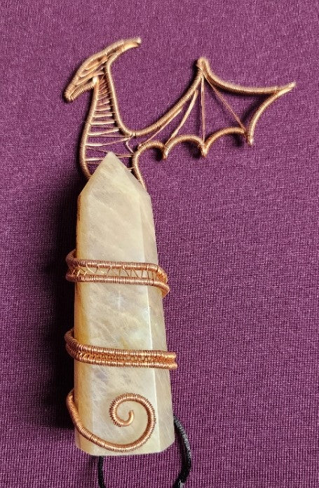 5" Moonstone Tower Point (3") with Copper Wrap Dragon-One of a Kind