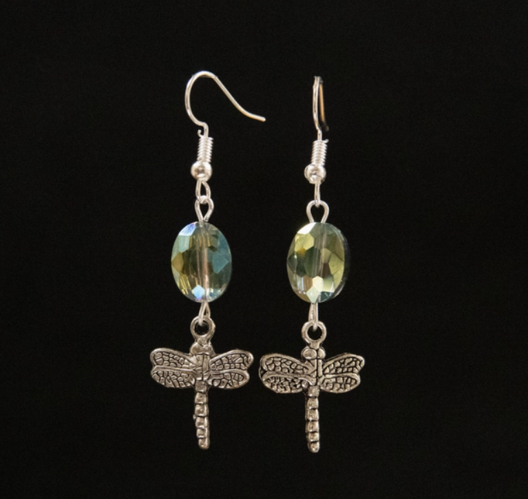 Dragonfly Dangle Earrings Blue Iridescent Bead