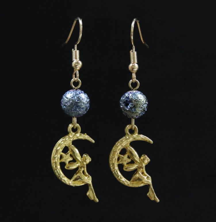 Asteroid and Fairy Moon Earrings Goldtone/Blue Bead