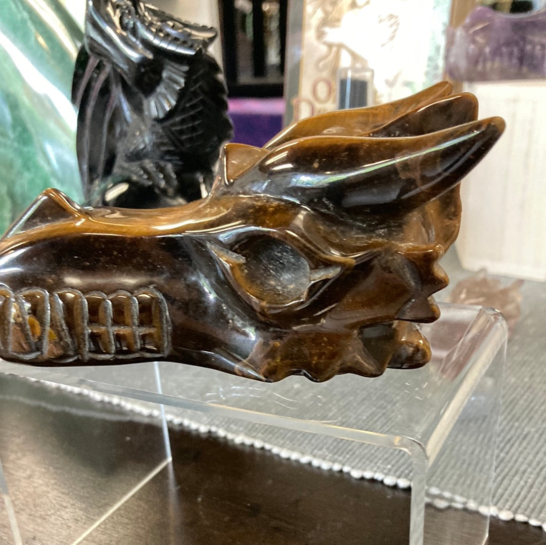 Tiger's Eye Dragon Skull 5"