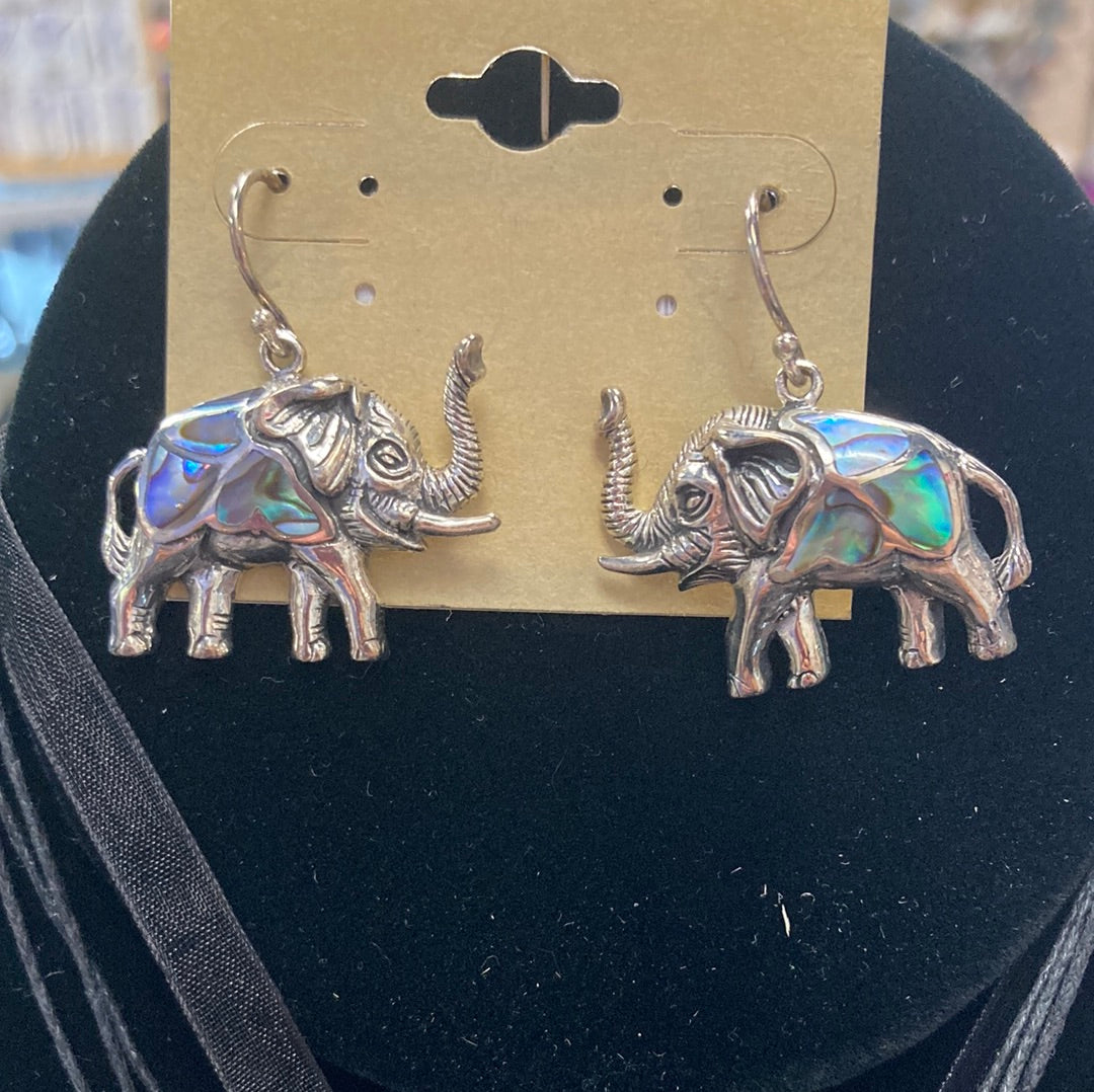 Elephant Dangle Sterling Silver Earrings w/Abalone