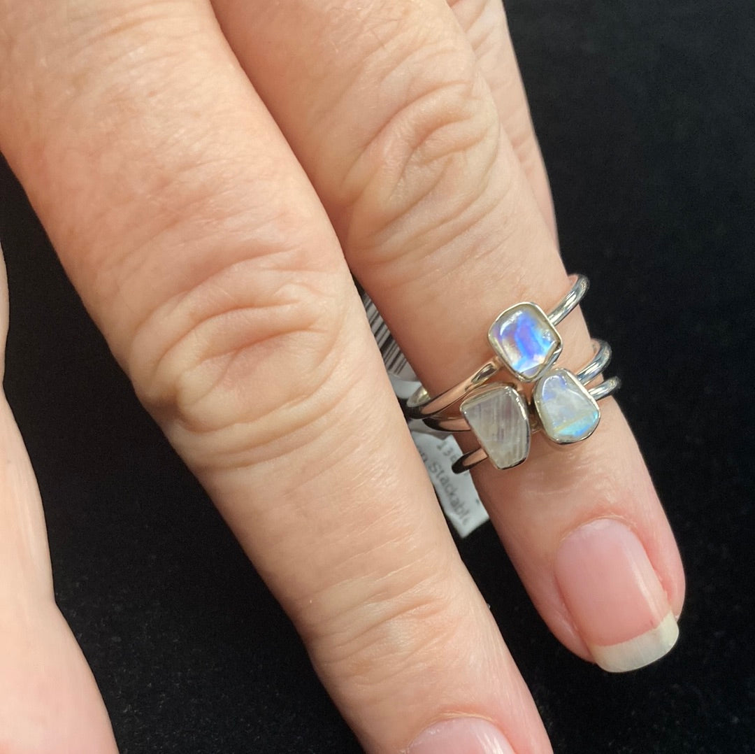 Rainbow Moonstone Stackable Ring - Sterling Silver