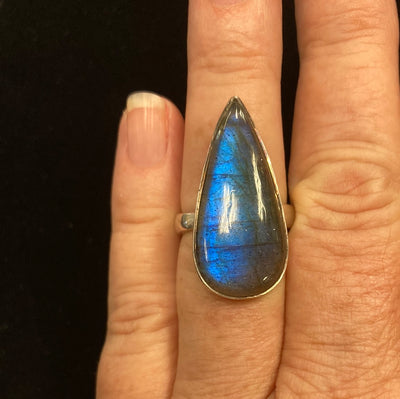 Labradorite Teardrop 1.25" Ring Sterling Silver Size Adj