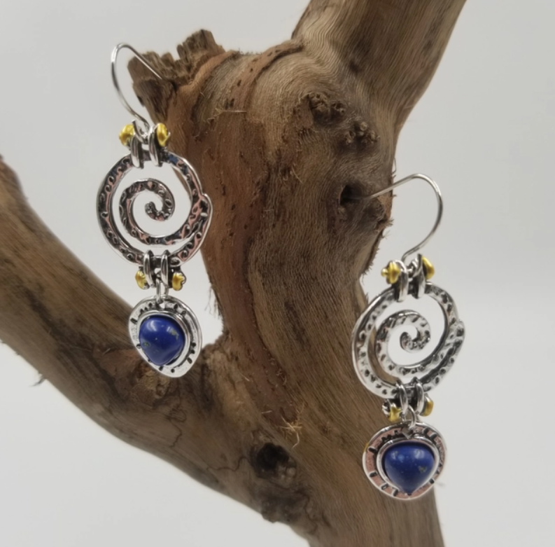 Vintage Lapis Lazuli Spiral Dangle Earrings