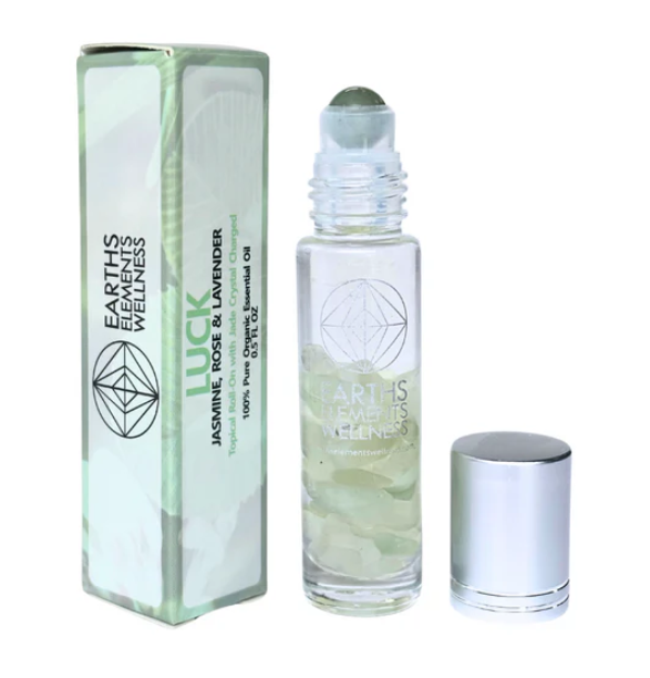 Luck Crystals in Essential Oil Roll-Ons jade gemstones and a harmonious blend of jasmine, rose, and lavender