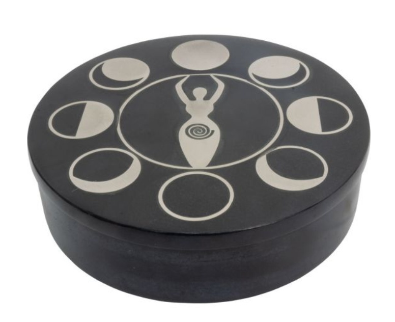 Moon Phase & Goddess Engraved Round Soapstone Box