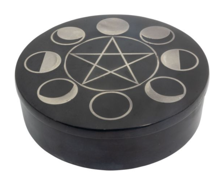 Pentacle & Moon Phase Engraved Round Soapstone Box