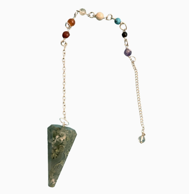 Moss Agate Pendulum w/7 Chakra Beaded Chain