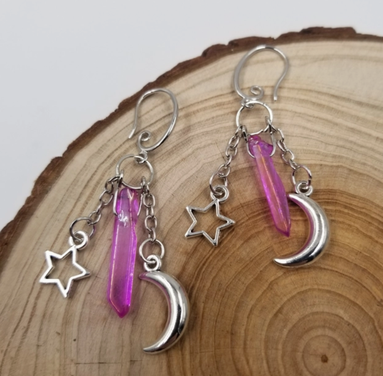 Pink Aura Star & Moon Dangle Earrings