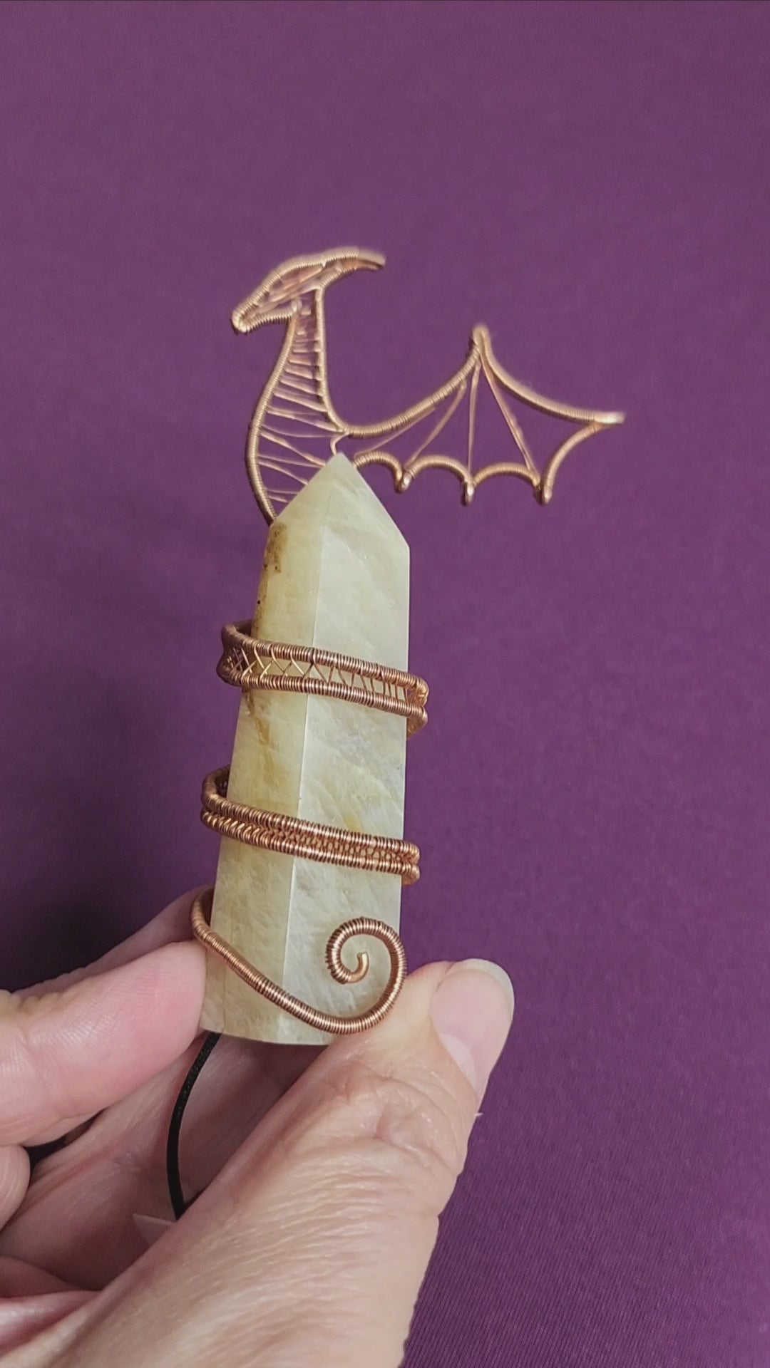 5" Moonstone Tower Point (3") with Copper Wrap Dragon-One of a Kind