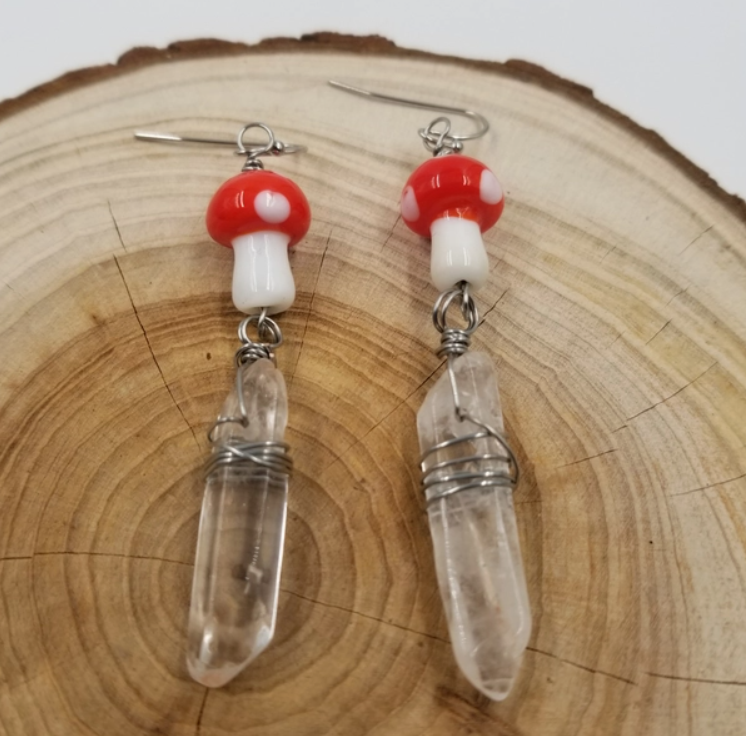 Red Polka Dot Mushroom w/Crystal Earrings- Dangle