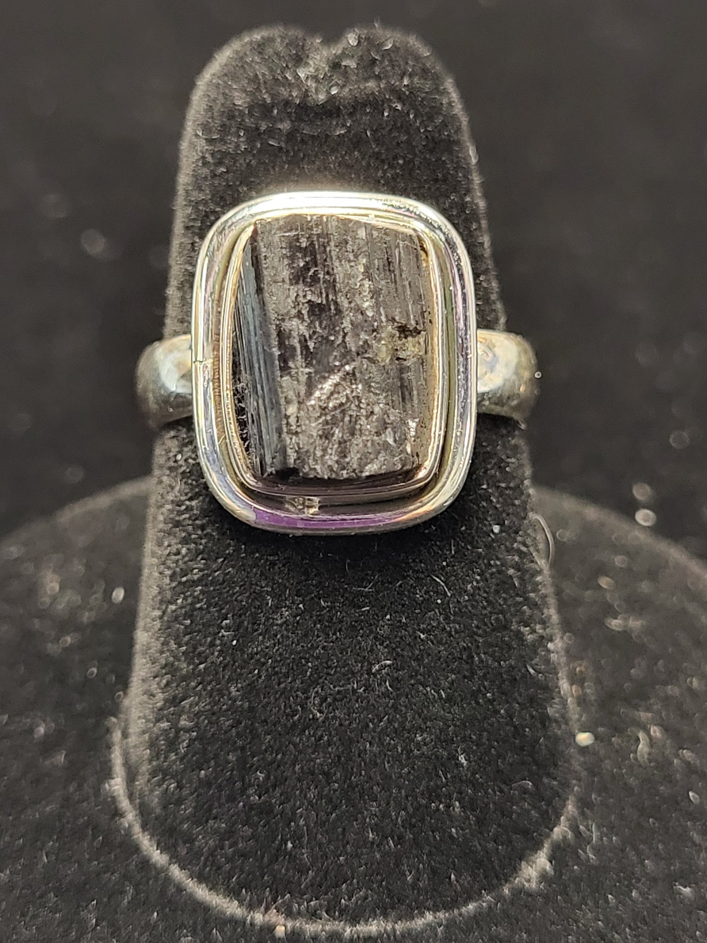 6.5 Black Tourmaline Rectangle Shape Sterling Silver Ring Size 6.5