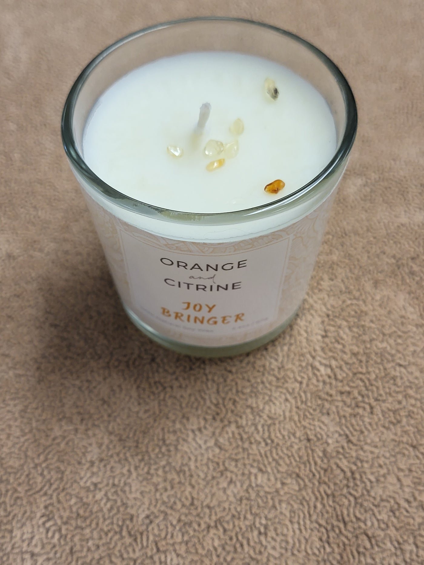 Orange+Citrine Natural Crystals = Joy Bringer - Votive in Glass Soy Wax Candle